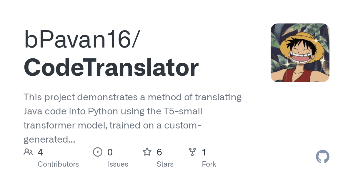 Code-to-Code Translation from Java to Python using Transformers T5-small GitHub preview